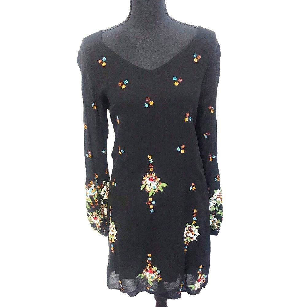 Free People Embroidered Rhinestone Floral Long Sleeve Whimsigoth Dress. XS